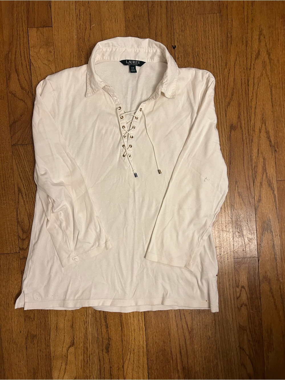 Vintage Lauren Ralph Lauren Cream Lace-Up Long Sleeve Polo Top